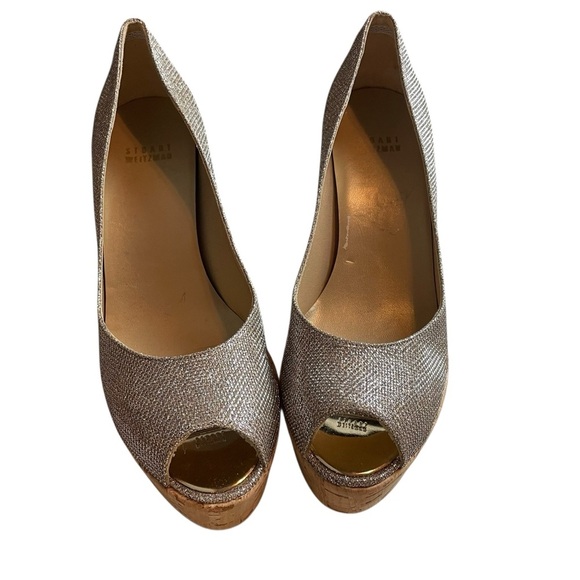 Stuart Weitzman Cork Wedge Peep Toe Glitter Heels 7.5 - Picture 3 of 13
